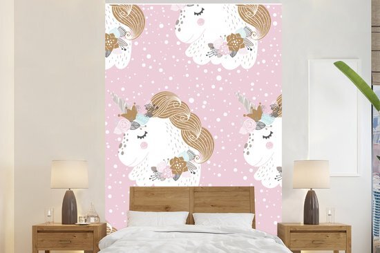 Nr1Wallpaper Behang - Fotobehang Kinderillustratie met een roze patroon van eenhoorns - Breedte 160 cm x hoogte 240 cm