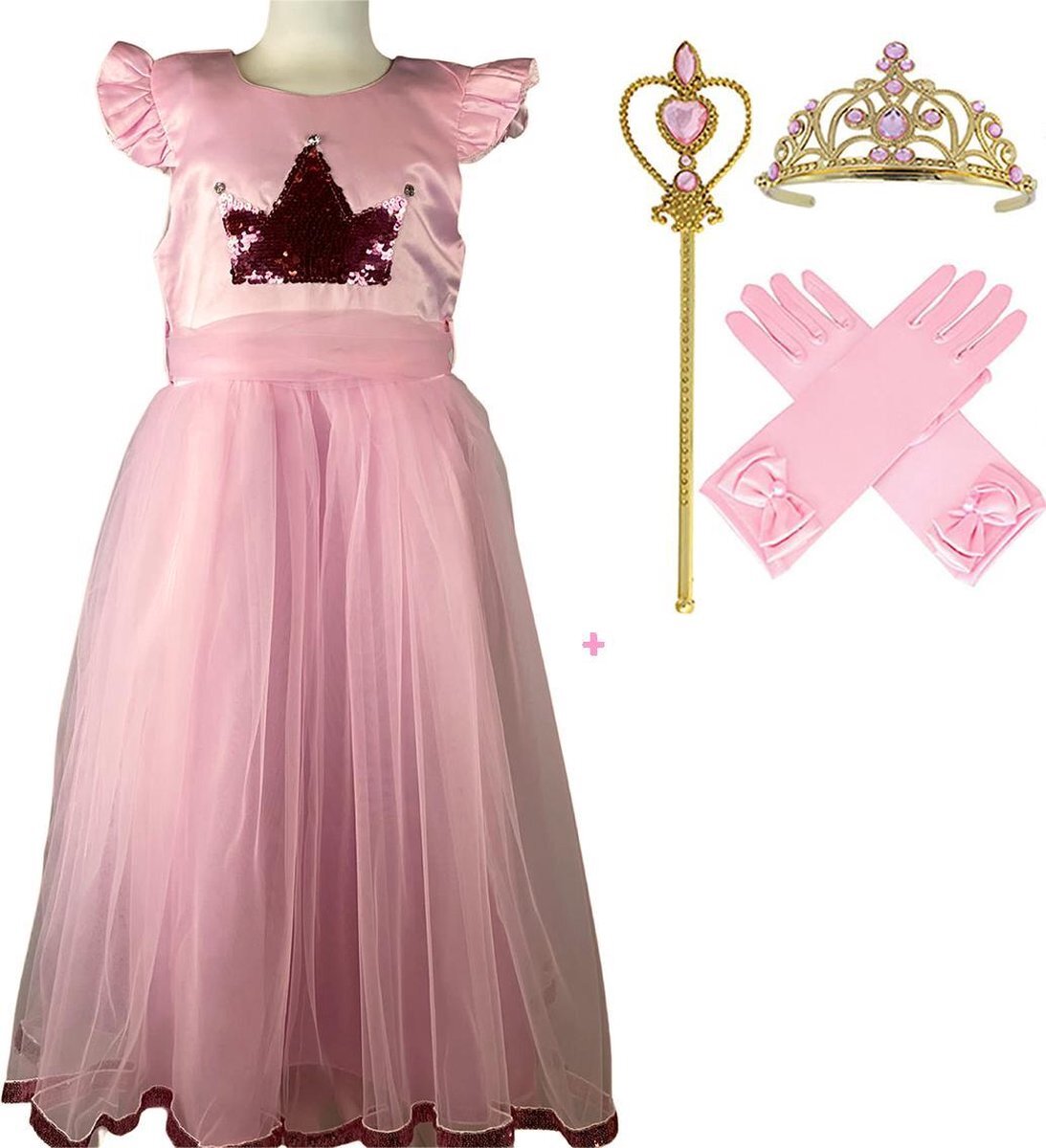 Het Betere Merk Prinsessenjurk Deluxe - Roze - maat 116/122 (120) - met pailletten kroon - Inclusief accessoires - Feestjurk - Communiejurk