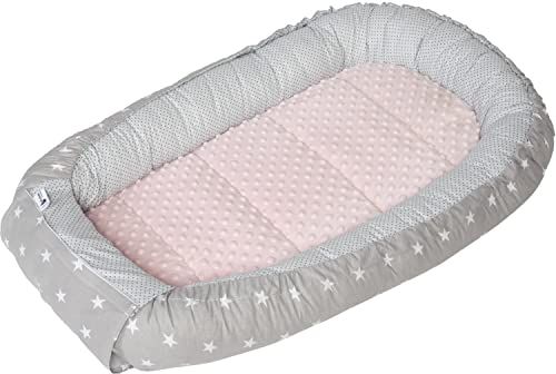 Medi Partners Babynest Knuffelnest 100% Katoen Nest Reis Bed voor baby's 100x60x15cm Uitneembaar inzetstuk (Sterren met Minky roze)