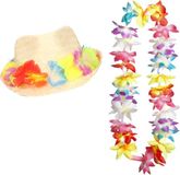 Merkloos Carnaval verkleed set - Tropische Hawaii party - bloemen band strohoedje - en bloemenkrans met LED lichtjes - voor Adultes