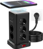 Bloc multiprise avec chargeur sans fil 15W & 11 prises (10 - Protection contre les surtensions - Tour d'alimentation commutable - Noir