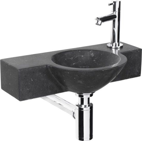 Differnz Teti Fonteinset - Natuursteen Bombai Black - Zwart - Rechte Kraan - Chroom - 40x23x8cm