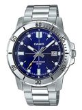 Casio MTP-VD01D-2EV Herenhorloge, analoog, roestvrij staal, casual sporthorloge, blauwe wijzerplaat