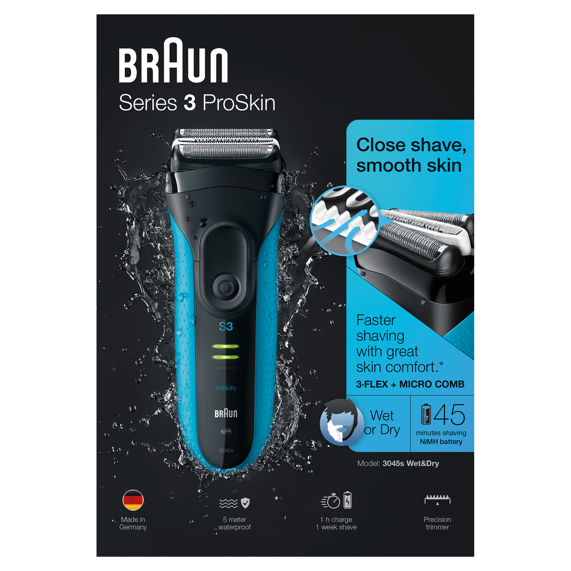 Braun S3 ProSkin 3045s Elektrisch Scheerapparaat, Zwart/Blauw - Oplaadbaar Scheerapparaat