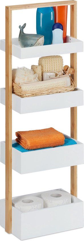 Badkamerrek - 4 etages - bamboe & MDF - wit & lichtbruin - 88x30x18cm - Merkloos
