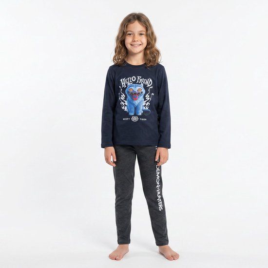 4KidsOnly KPop Demon Hunters Pyjama Unisex Kinderen Lange Mouw Katoen Grijs/Blauw Maat 128