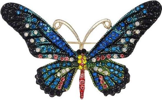 Fako Bijoux® Vlinder Broche - Blauw/Groen - 76x44mm - Synthetische Steen