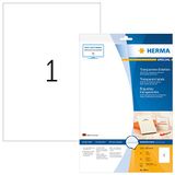HERMA Self Adhesive Clear Glossy Labels, 1 Label Per A4 Sheet, 10 Labels For Inkjet Printers, Photo Quality, 210 x 297 mm (8964)