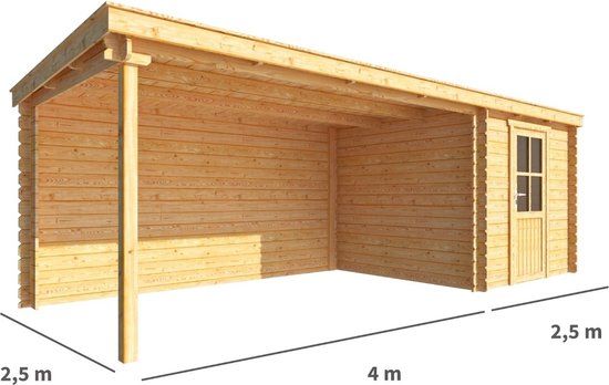 Merkloos Blokhut met overkapping Els 650 cm bij 250 cm diep Lessenaarsdak bruin