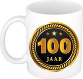 Bellatio Decorations 100 jaar thema koffiemok Medaille - jubileum - verjaardag - zwart met goud - Cadeau beker - 300 ml - keramiek - leeftijden