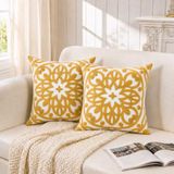 Alysheer Geborduurde decoratieve kussenhoezen 45,7 x 45,7 cm set van 2 stuks, knus Boho Mandala gebreid patroon, duurzaam 100% katoenen canvas, mosterdgele kussenslopen voor bank, woonkamer (goud)