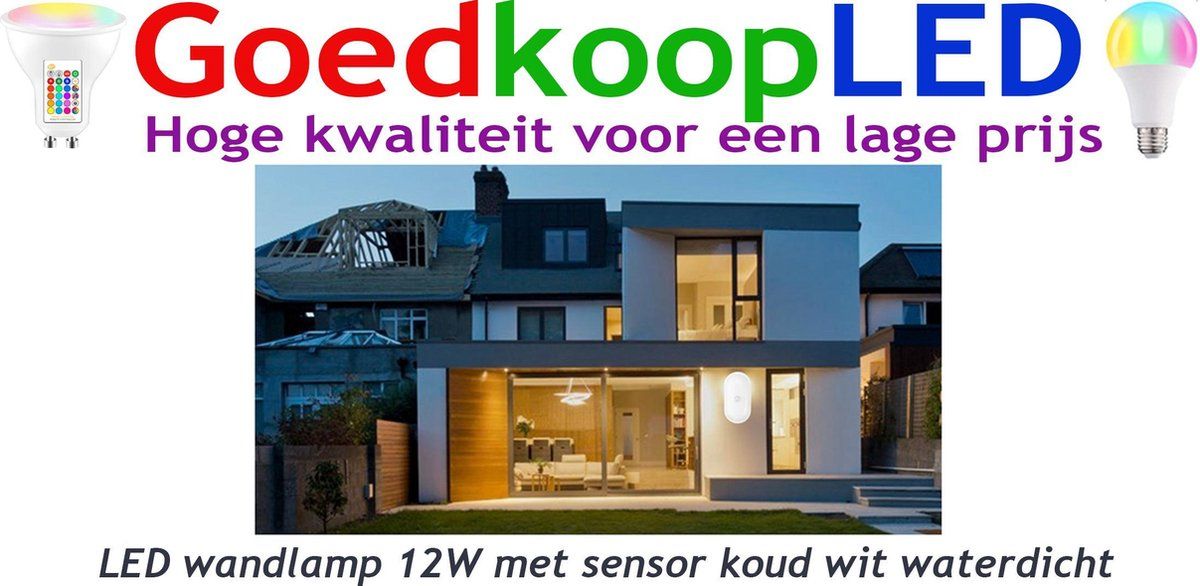GoedkoopLED LED Wandlamp 12W met Sensor Koud Wit Waterdicht - Aluminium - Wit