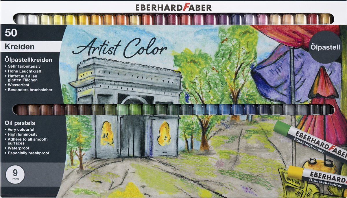 Eberhard Faber 522050 Artist Color Oliepastelkrijt, onbreekbaar en waterbestendig, in kartonnen etui, krijtstiften voor modern grafisch design, fijne tekeningen en kleurrijke aquarellen, 50 kleuren