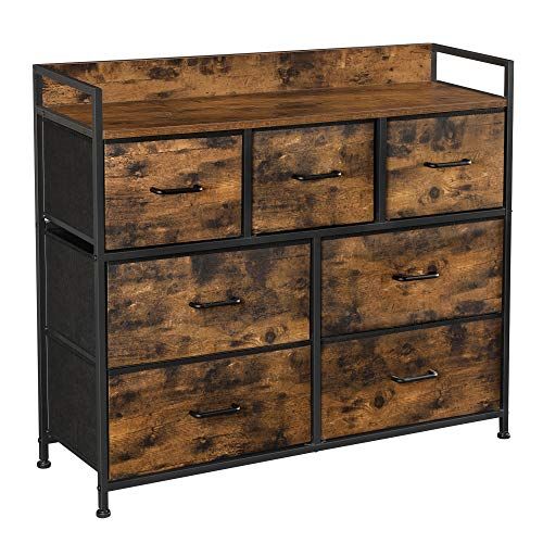 Songmics Commode, kast, 7 stoffen laden met handgrepen, metalen frame, industrieel design, vintage bruin-zwart LTS137B01