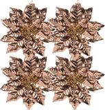 Decoris Kerstboomversiering bloemen op clip - 4x st - koper - 24 cm - kunststof