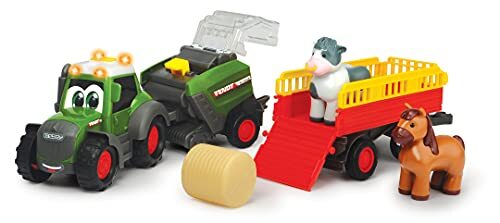 Dickie Toys ABC Fendt Diorama speelset bestaande uit tractor, hooibalpers incl. hooibal, dierenhanger, koe en paard, met licht & geluid, voor kinderen vanaf 12 maanden