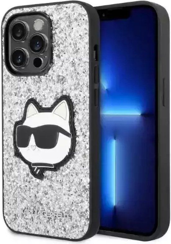 Karl Lagerfeld iPhone 14 Pro Case - Glitter Choupette Patch - Silver - Hard Case