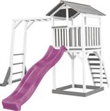 AXI Beach Tower Speeltoestel in Grijs/Wit - Speeltoren met Klimrek, Paarse Glijbaan en Zandbak - FSC hout - Speelhuis op palen voor de tuin