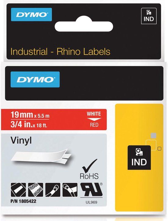DYMO Rhino Vinyl Labels - 19mm x 5.5m - White on Red