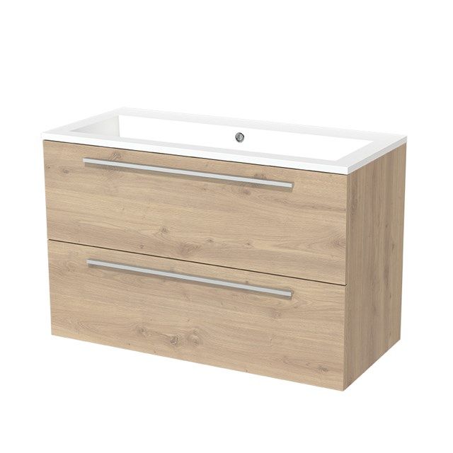 Maxaro Badkamermeubel 100cm Modulo Lichtbruin Eiken 2 lades Vlak Wastafel Mineraalmarmer