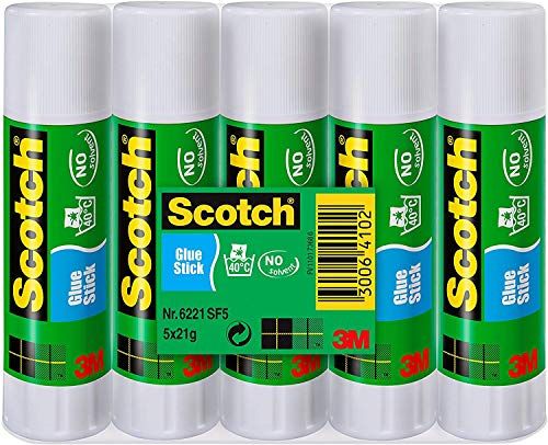 Scotch 3M permanente lijmstick oplosmiddelvrije, zelfklevende stick op waterbasis voor papier en karton, 5 stuks (21 g elk)