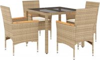 vidaXL 5-delige tuinset met kussens, beige, van polyrotan en glas