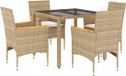 vidaXL 5-delige tuinset met kussens, beige, van polyrotan en glas