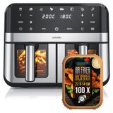 Arendo Heißluftfritteuse mit Doppelkorb, 9 Liter, Airfryer mit 2 Garkammern, 2400 W, 3-in-1 mit Ofenfunktion und Dörrfunktion, 8 Programme, Sichtfenster mit Innenbeleuchtung, inklusive Backpapier