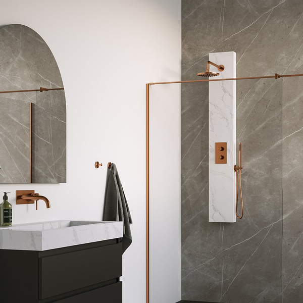 Brauer Copper Edition thermostatisch douchepaneel - 2 functies - calacatta gold SET 01 - 20cm hoofddouche - gebogen muurarm - staaf handdouche - wandaansluitbocht - doucheslang - koper geborsteld PVD 5-GK-154