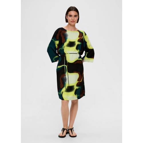 s.Oliver BLACK LABEL jurk met all over print en ceintuur geel/groen/zwart