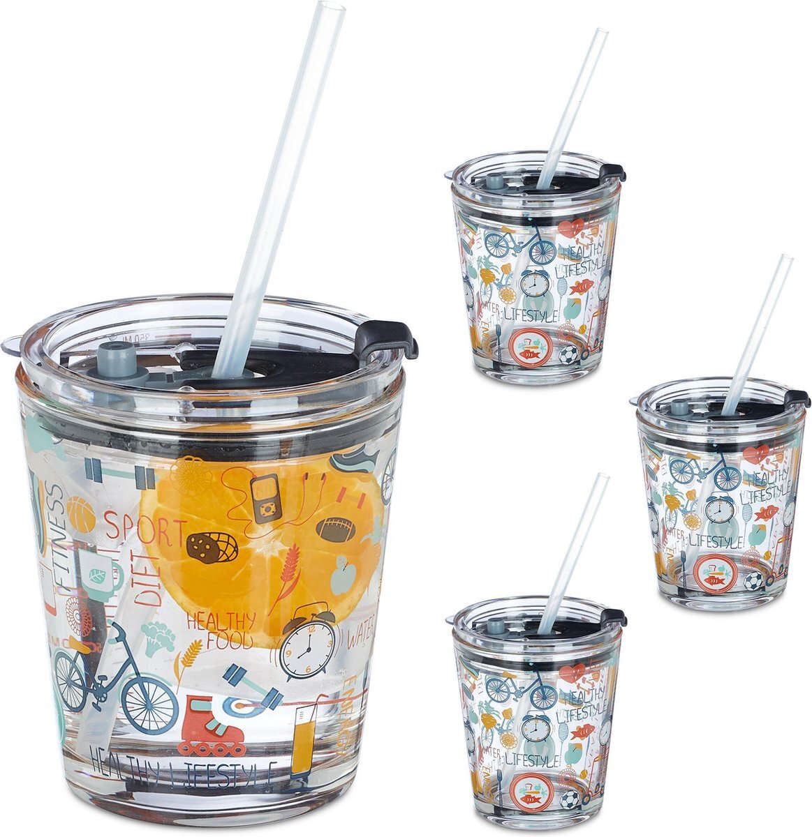 Relaxdays Glas met rietje en deksel - 4 stuks - kinderglazen - met print - waterglazen