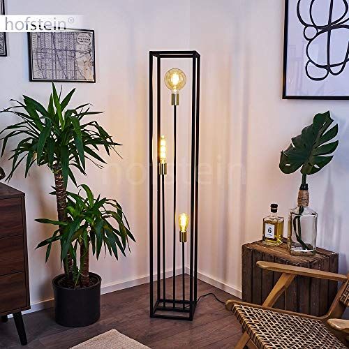 hofstein Staande lamp Woden, vloerlamp van metaal in zwart en messingkleuren, 3-vlammige industriële look vloerlamp met lichteffect, 3 x E27 max. 10 watt, voetschakelaar aan de kabel