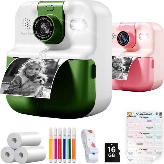 Tiny Thinkers Kindercamera met Fotoprinter & Fotospeurtocht – Digitale Camera Kinderen – 11-in-1 Camera – Oplaadbaar - 44MP - Foto printer - Groen