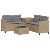 vidaXL L-vormige tuinbank met tafel en kussens van polyrattan, beige