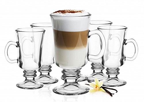 Sendez 6 Irish coffee-glazen met handvat en 6 roestvrijstalen lepels (gratis), geschikt als latte macchiato-glas