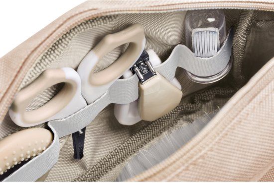 Béaba Baby Verzorgingsset – 7-delige Toilettas met Badthermometer, Nagelverzorging, Haarborstel & Bijtring – Compact & Handzaam – Clay