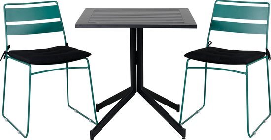 Hioshop Way tuinmeubelset tafel 70x70cm en 2 stoel Lina groen, zwart.