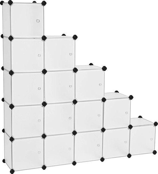 Merkloos SONGMICS 15 Cube DIY Shelving System Kunststof kast met deuren in modieuze witte stal en eenvoudig te monteren, grendelloze rekken, LPC44BS
