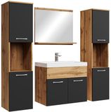 Badplaats Badkamermeubel Set Montreal XL 60 x 35 cm – Eiken met Zwart – Badmeubel met Spiegel en Zijkasten