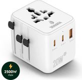 TRAVARA Reisstekker - 2500W – Wereldstekker Universeel - 170+ Landen – Reisstekker Engeland (UK), Amerika (USA), Afrika, Italië, Japan, Thailand – Wereldstekkers – 2x USB C Snel laadpoorten – 1X USB