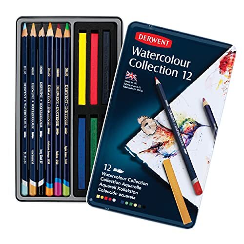 Derwent Watercolour Collectie Set, Verven en Tekenen, Tekenset van 12 Watercolour Potloden en Krijtjes, Inclusief Inktense, Professionele Kwaliteit, 0700303