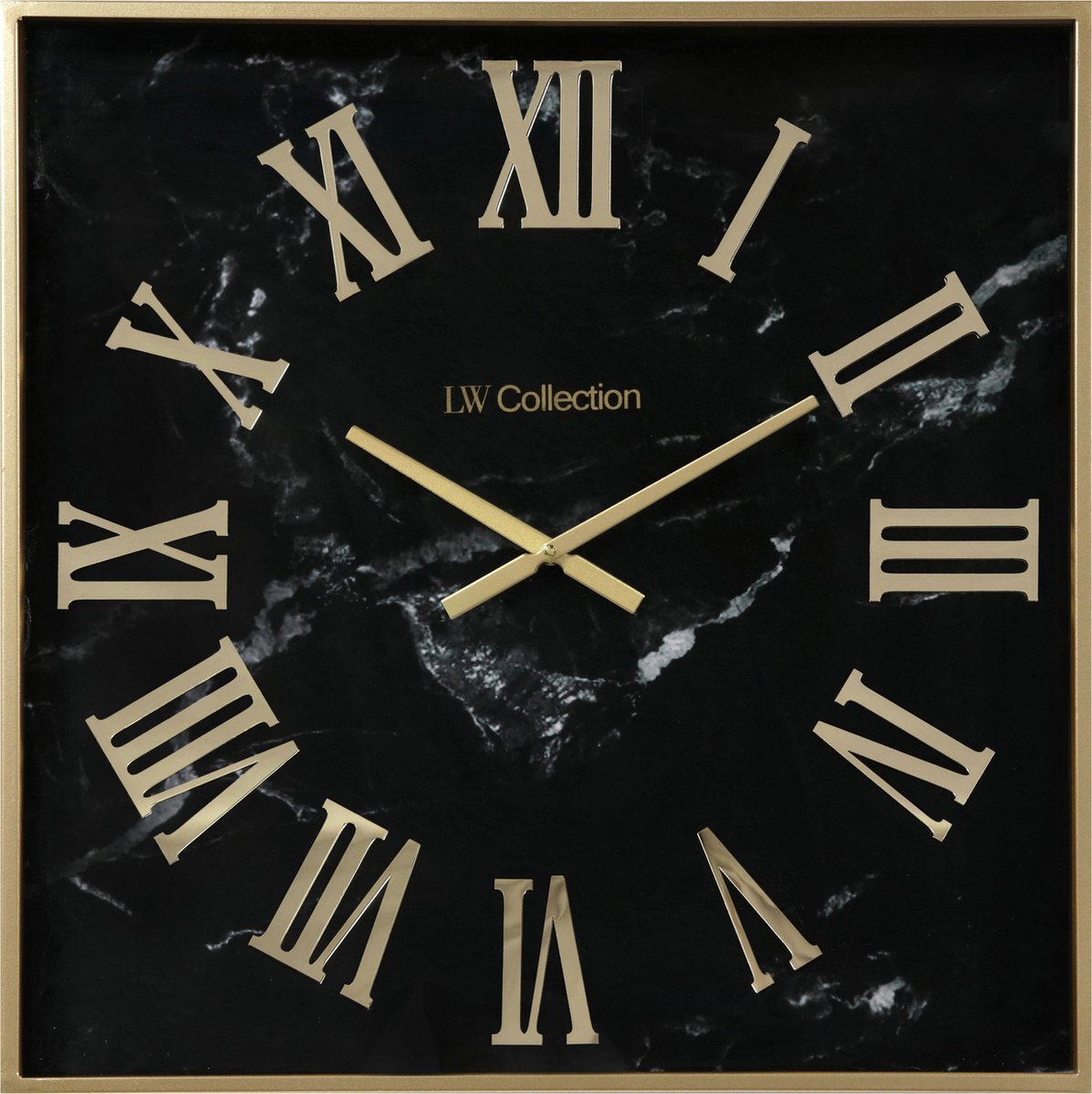 LW collection wandklok zwart goud 60cm - Grote moderne marmeren glazen klok romeinse cijfers - Vierkante muurklok glas stil uurwerk