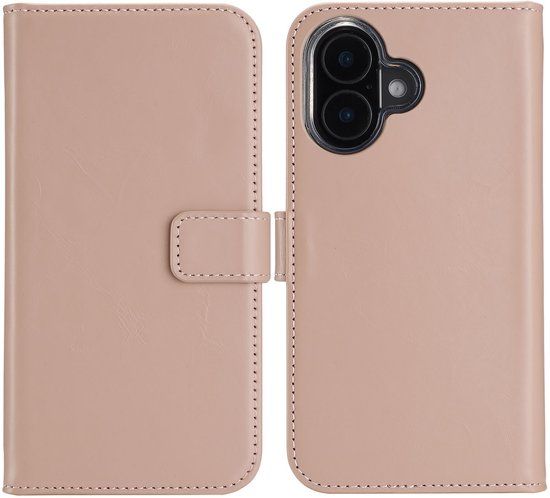Selencia Echt Lederen Bookcase voor de Apple iPhone 16 - Dusty Pink