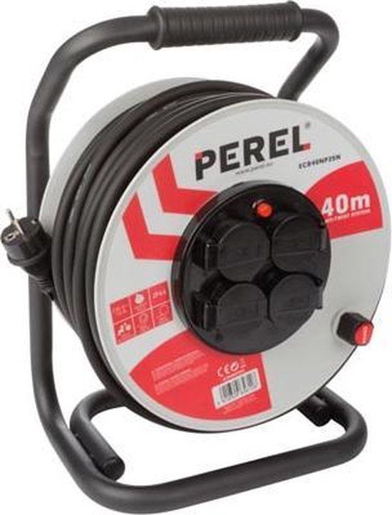 PROFESSIONELE NEOPREEN KABELHASPEL - 40 m - 4 STOPCONTACTEN - PENAARDE