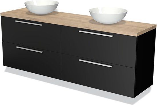 Maxaro Modulo Plato Badkamermeubel - 180cm - Mat Zwart - 4 Lades - Lichtbruin Eiken Blad