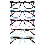 OPULIZE KOI Leesbrillen 5-Pack - Groot Rechthoekig Montuur - Zwart-Blauw-Paars-Helder-Aqua - Heren Dames - Veerscharnieren - RRRRR50-135CQ - +2.00
