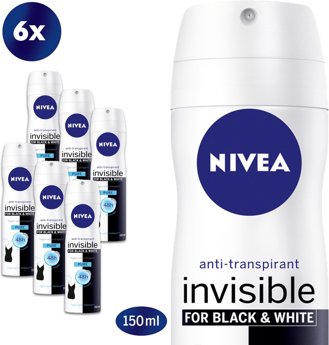 Nivea Invisible For Black & White Pure - 6 x 150 ml - Voordeelverpakking - Deodorant Spray