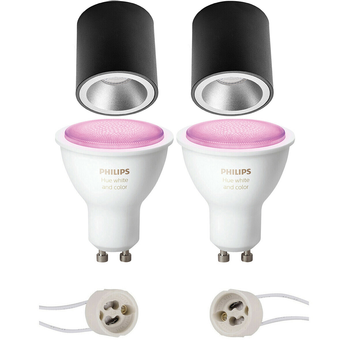 BES LED Pragmi Cliron Pro - Opbouw Rond - Mat Zwart/Zilver - Verdiept - Ø90mm - Philips Hue - Opbouwspot Set GU10 - White and Color Ambiance - Bluetooth