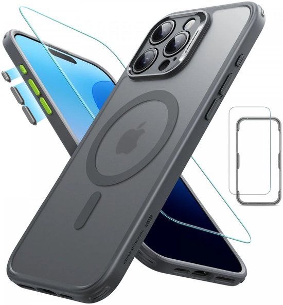 ESR Classic Pro HaloLock Hoesje + Tempered Glass Geschikt voor Apple iPhone 16 Pro Max | Back Cover Compatibel met MagSafe met Screen Protector | Camera Bescherming | Frosted Grijs