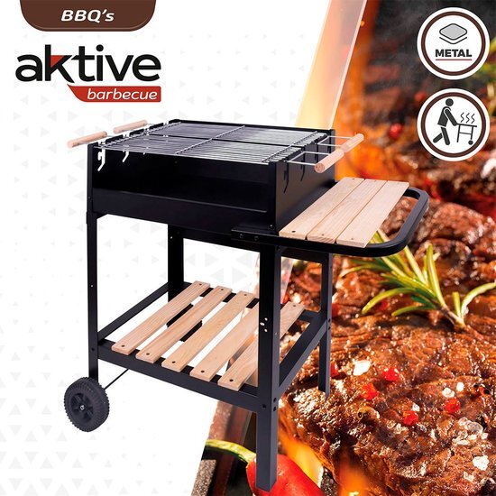 AKTIVE Hout- en houtskoolgrill met dubbele grill, 100,5 x 40 x 88,5 cm, 3 hoogteverstelbaar, 2 wielen voor eenvoudig transport, geëmailleerd metaal en hout